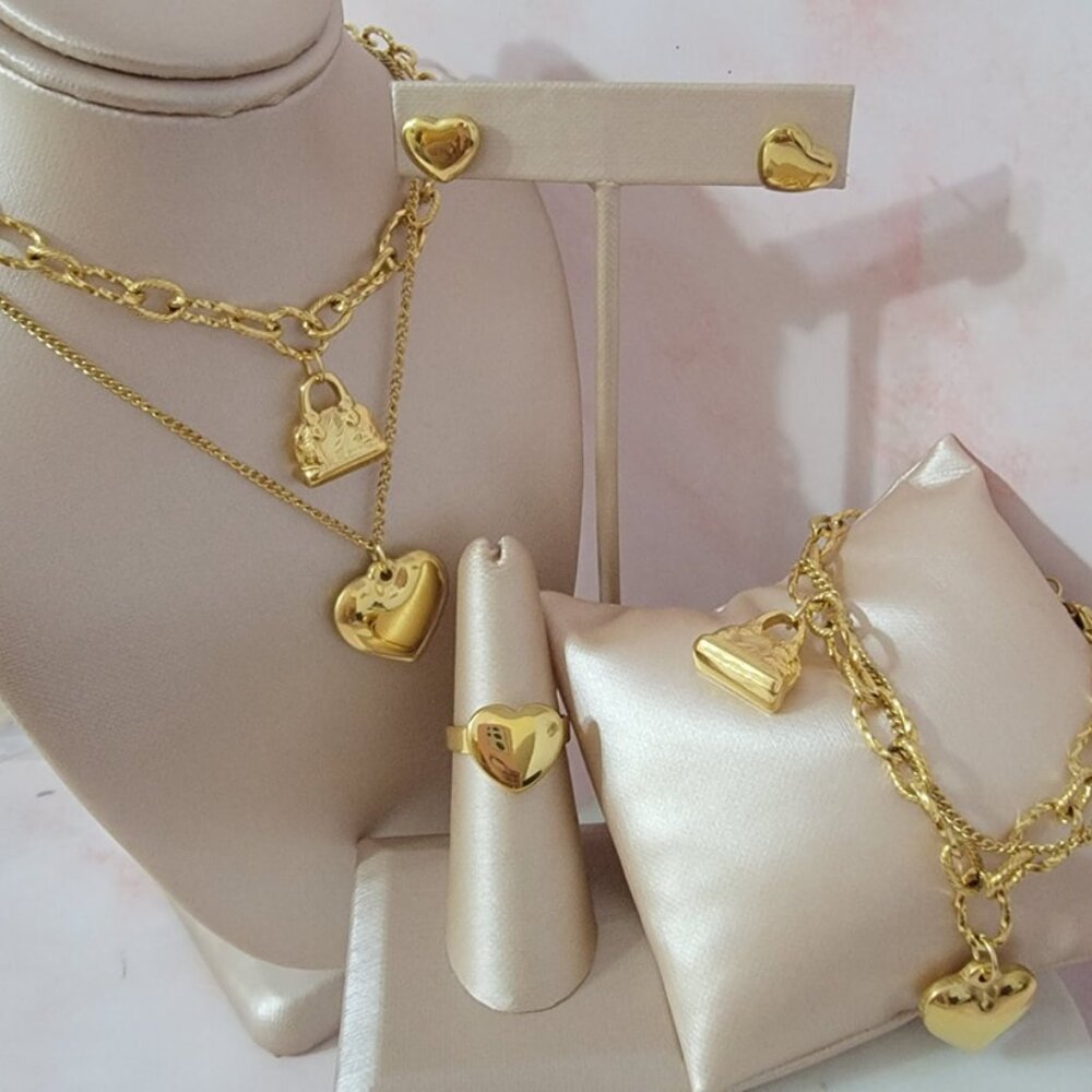 18K Gold Plated Gold Heart 4 pcs Necklace, Earrings, Ring Bracelet Set